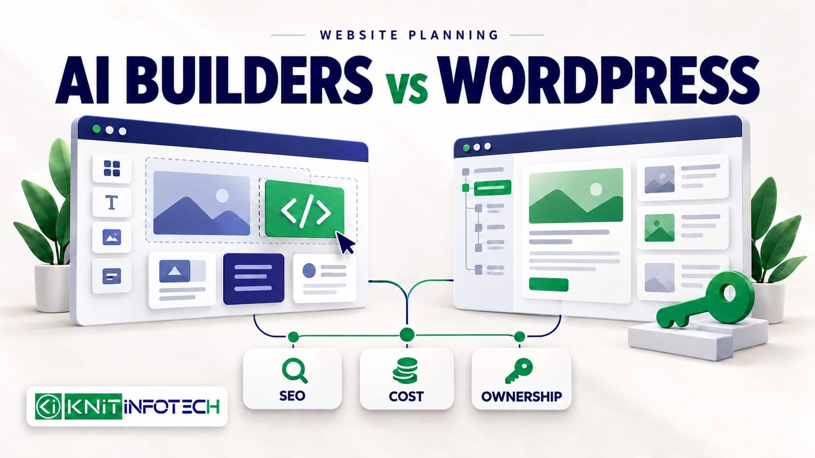 Two illustrated website workbenches compared for SEO, cost and ownership, with the Knit Infotech logo.