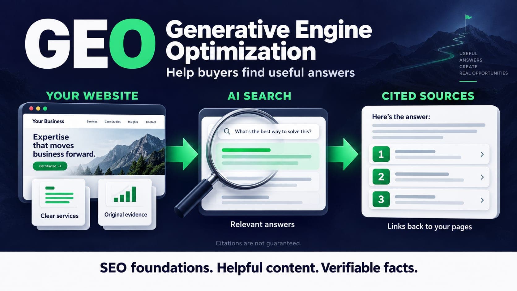 GEO, Generative Engine Optimization: website information passes through AI search to cited sources.