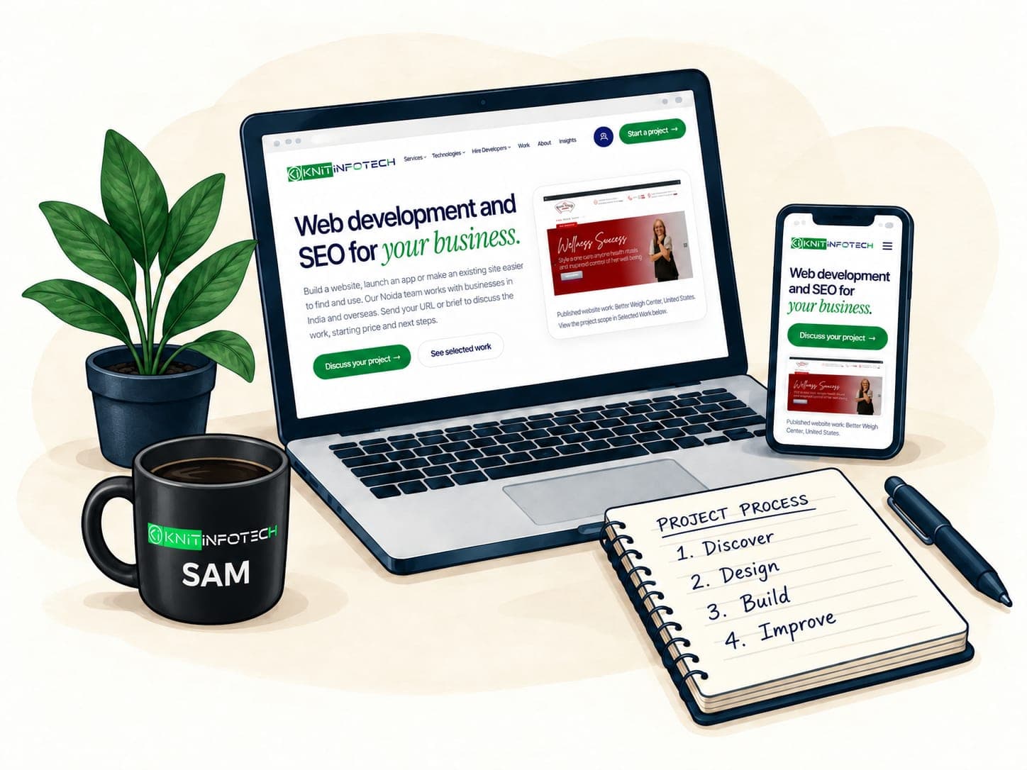 Illustration showing Knit Infotech's homepage on a laptop and phone, with a notebook, plant and coffee
