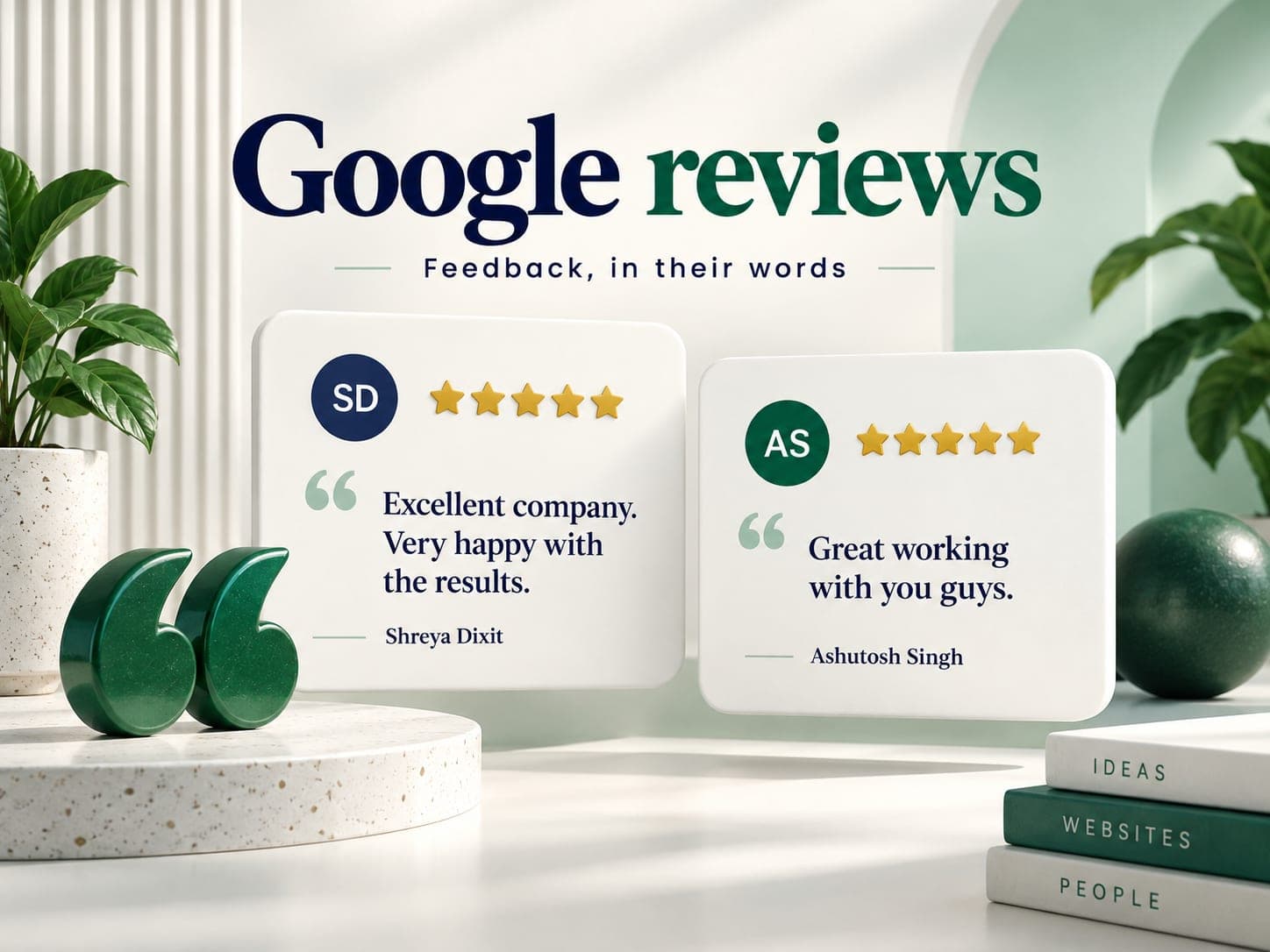 Illustration of Google review cards with named feedback from Shreya Dixit and Ashutosh Singh.