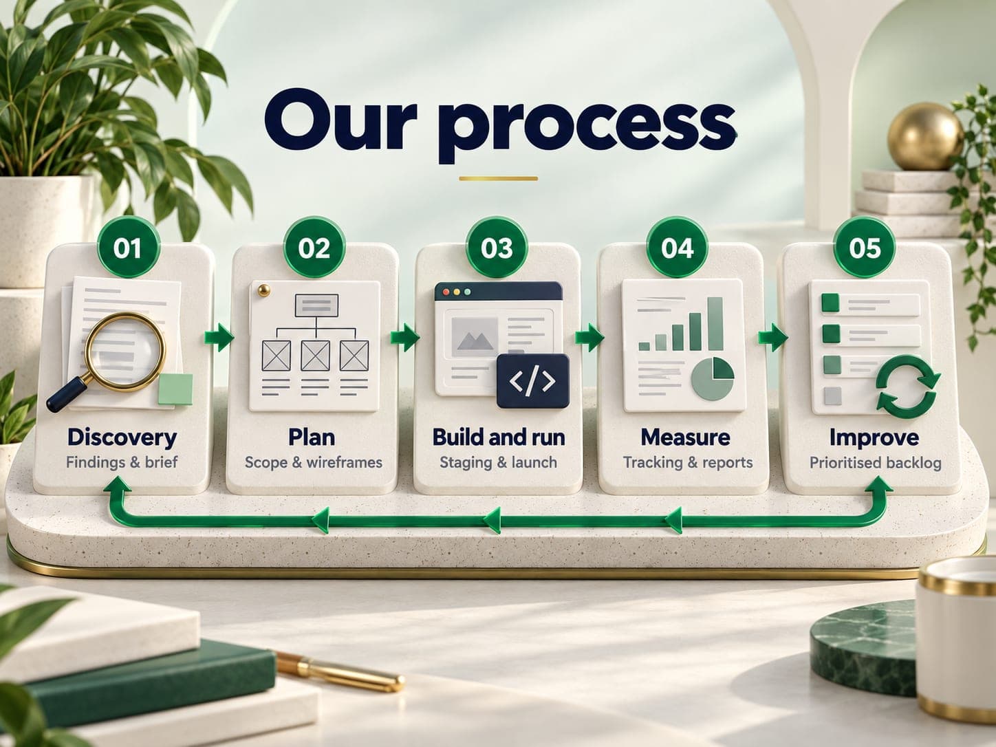 Five stages of the Knit Infotech project process: Discovery, Plan, Build and run, Measure, and Improve, with a deliverable at each stage.