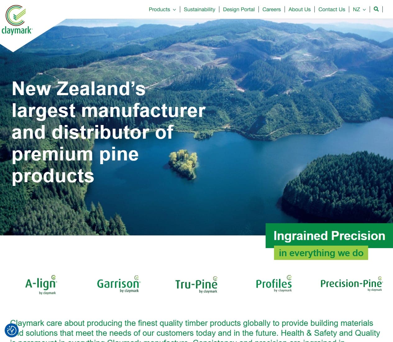 Claymark homepage with timber manufacturing hero, product brands and company introduction