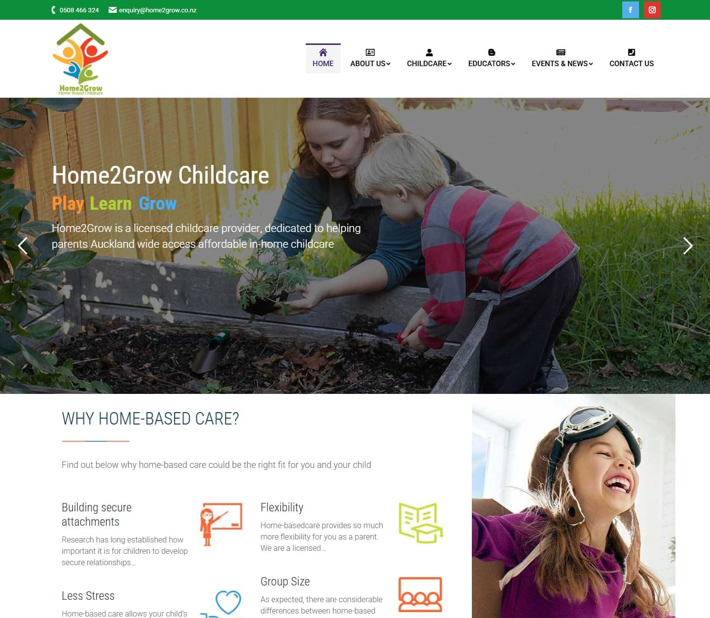 Home2Grow homepage with childcare and educator navigation, family hero and home-based care information