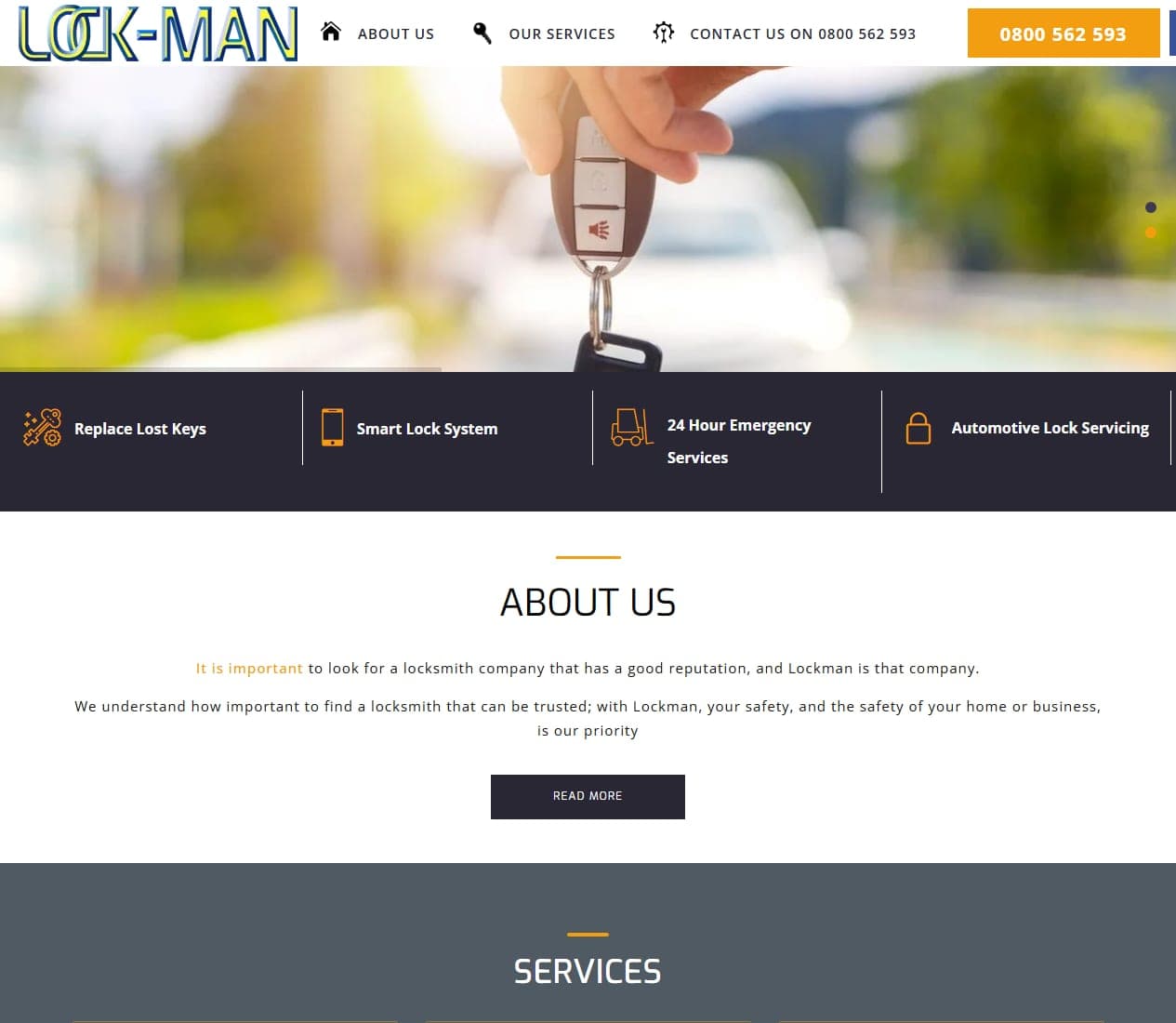 Lockman homepage with locksmith navigation, four service options and the About Us section