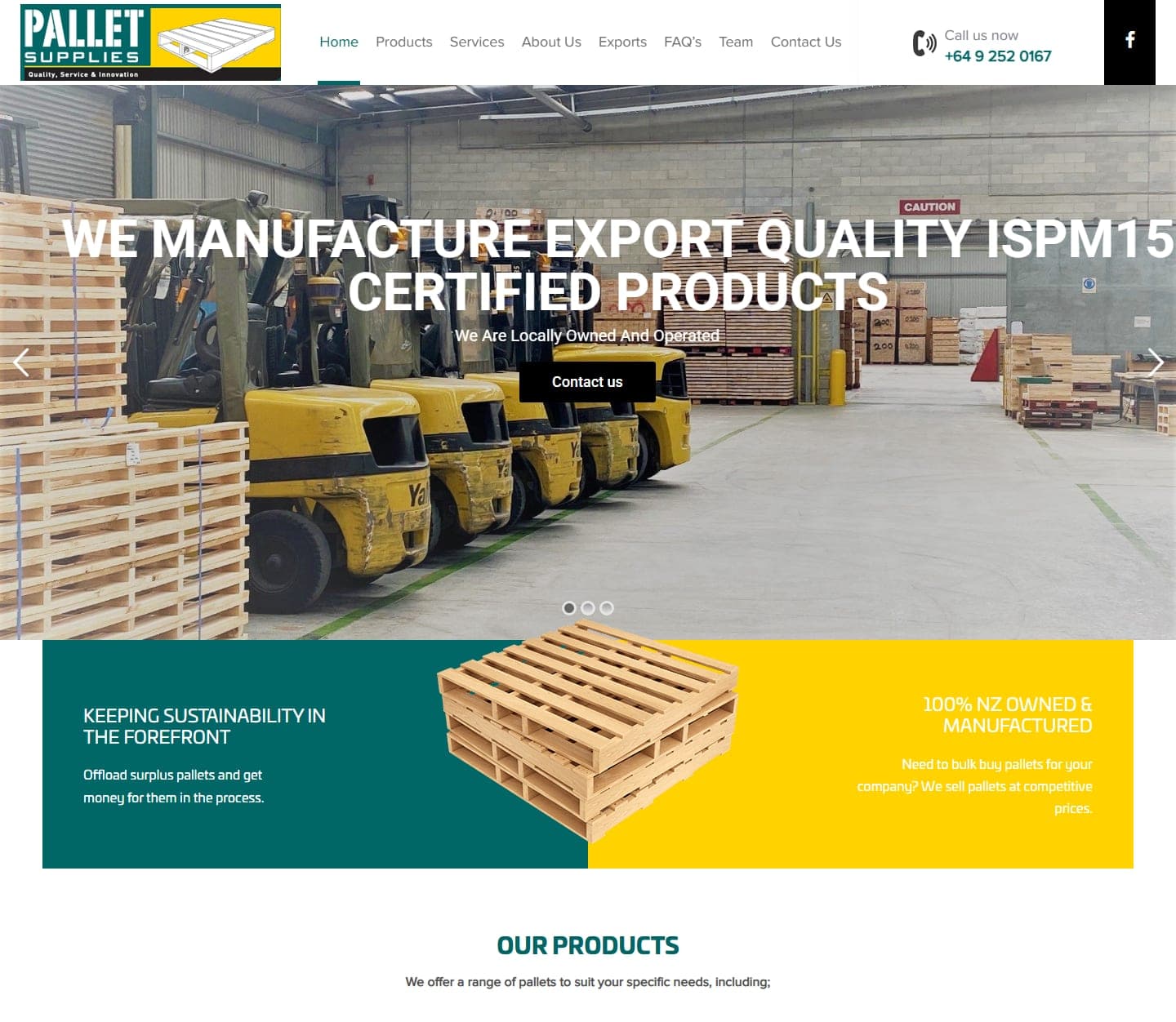 Pallet Supplies homepage with warehouse hero, export certification messaging and sustainability information