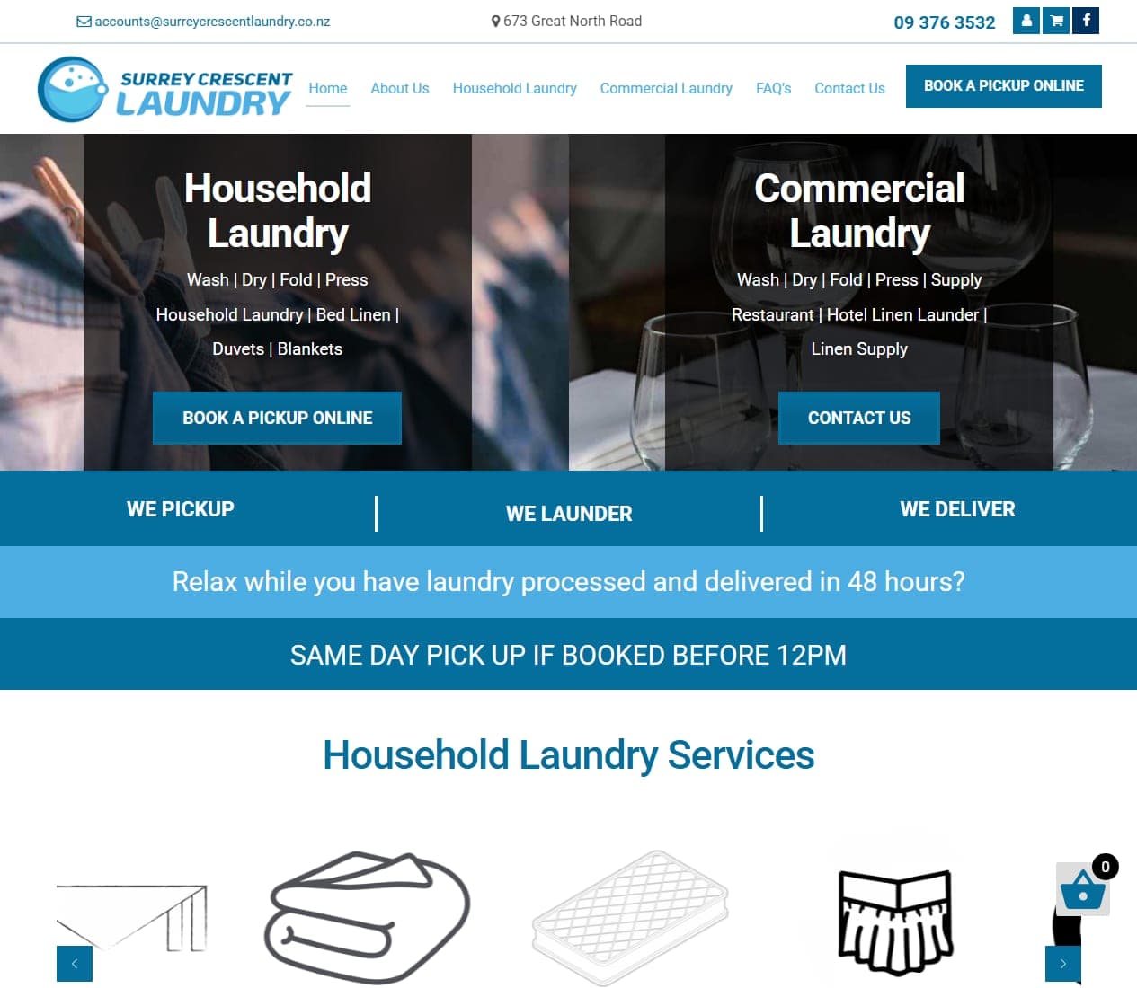 Surrey Crescent Laundry homepage with household and commercial panels, collection steps and household laundry services