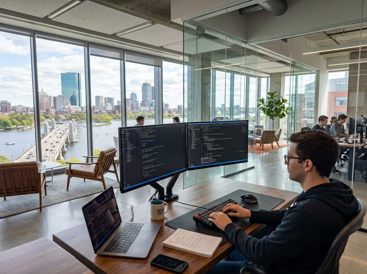 Senior software engineering team collaborating at modern workstations for Massachusetts technology initiatives