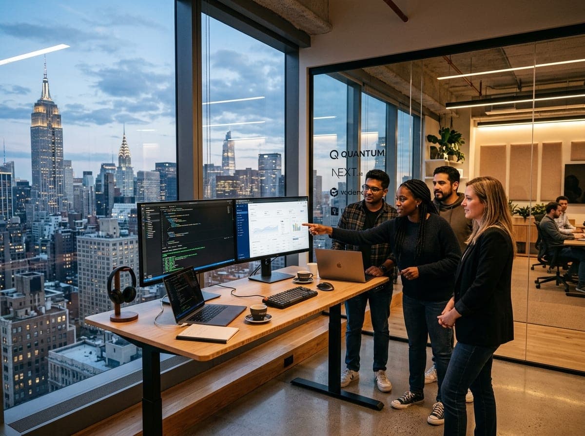 Senior software engineering team collaborating at modern workstations for New York technology initiatives