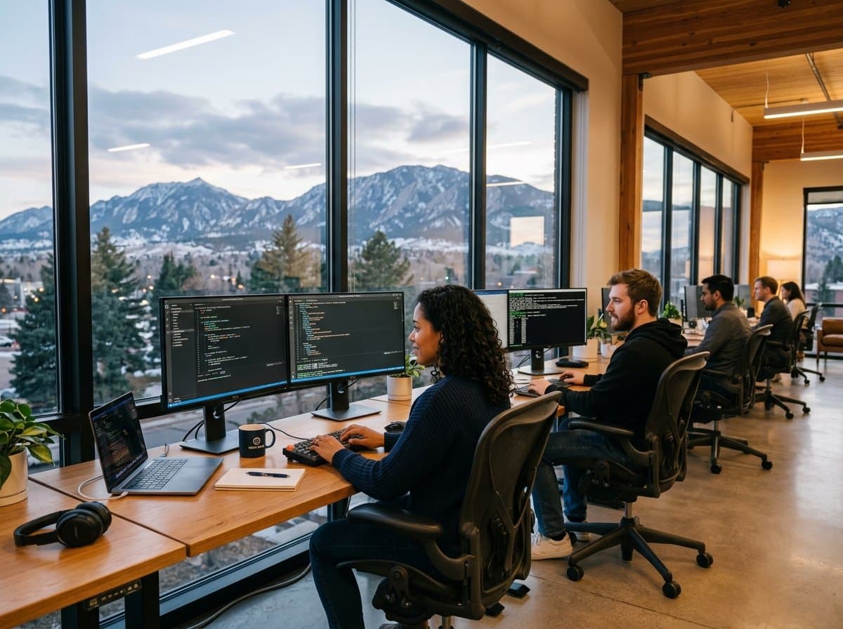Senior software engineering team collaborating at modern workstations for Wyoming technology initiatives