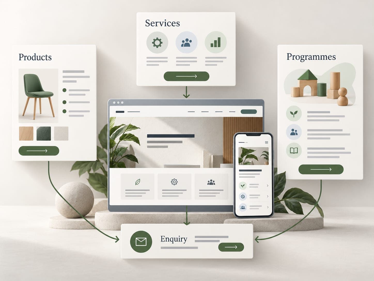 Website planning illustration showing product, service and programme information leading to a customer enquiry