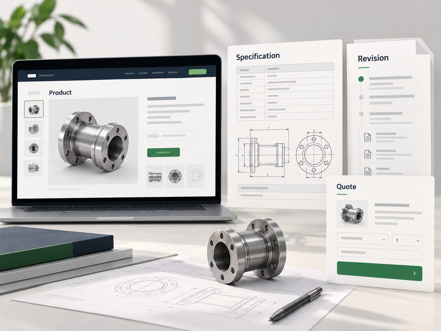 Product website illustration with a specification sheet, document revisions and a quote request