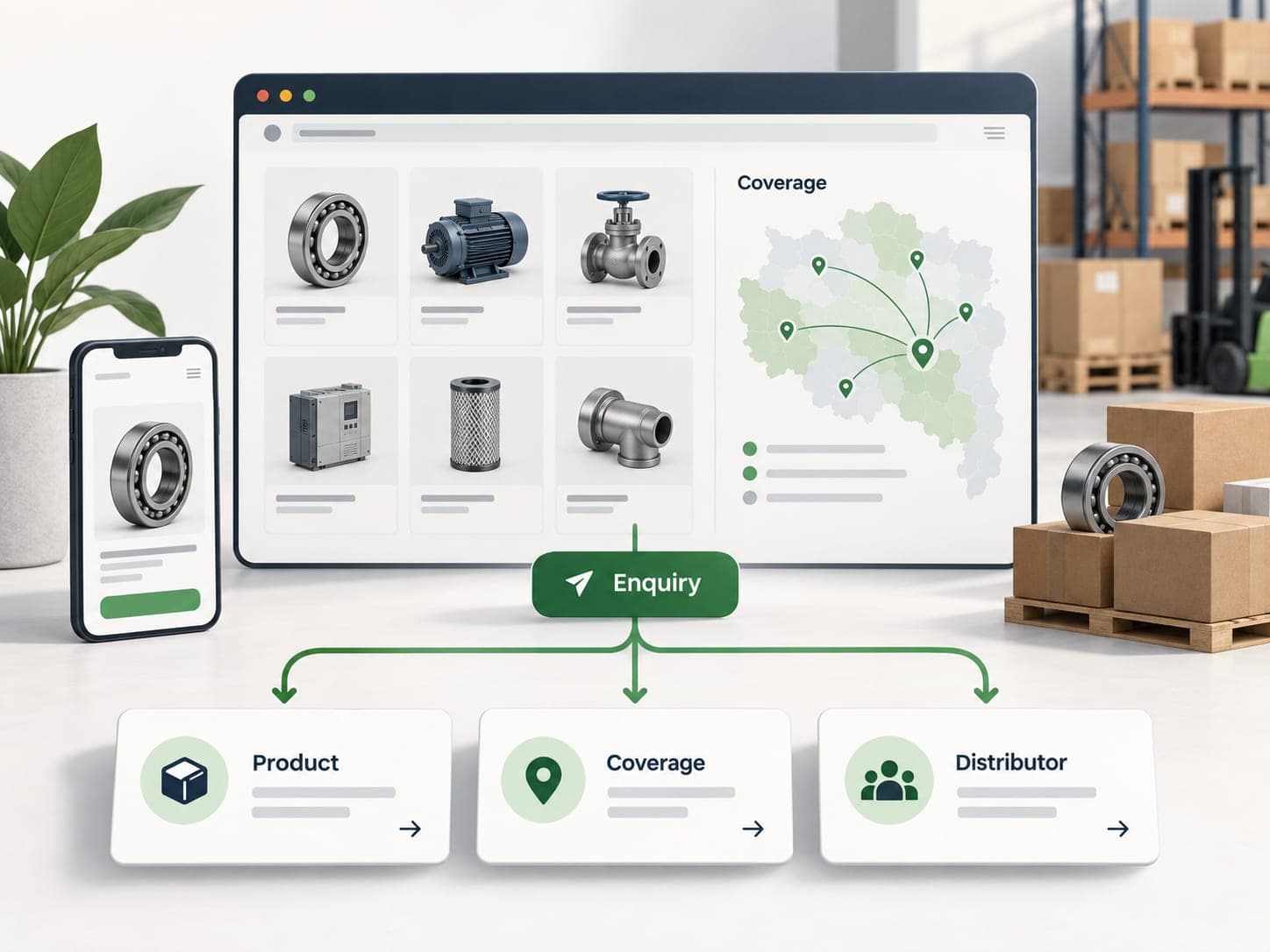 Supplier website illustration showing a product catalogue and conceptual enquiry routing for products, coverage and distributors