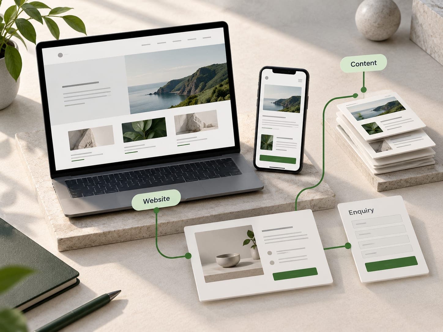 Website planning illustration connecting a desktop and mobile website, structured content and an enquiry form