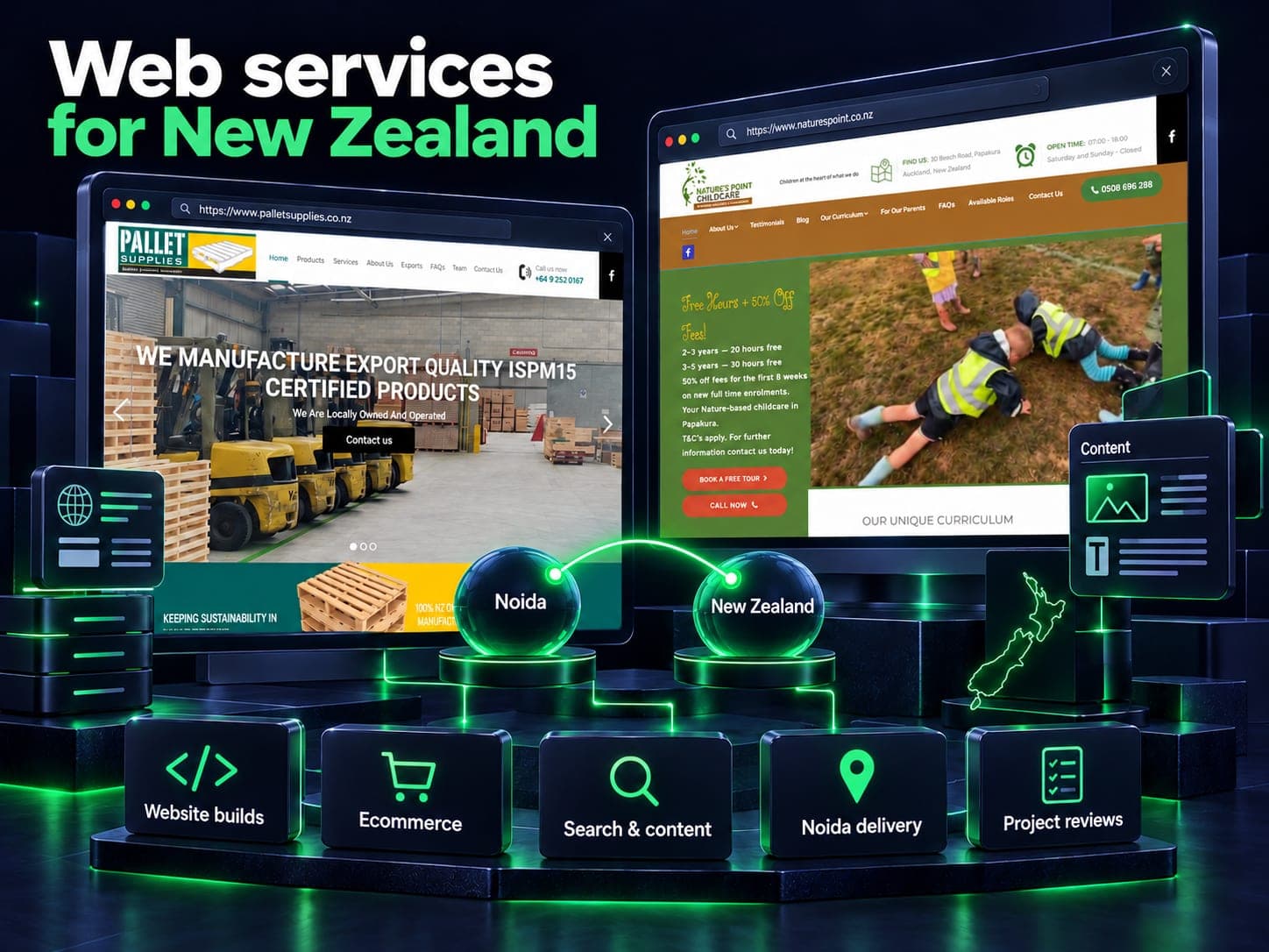 New Zealand web-service illustration featuring Pallet Supplies, Nature's Point Childcare, Noida delivery and project reviews