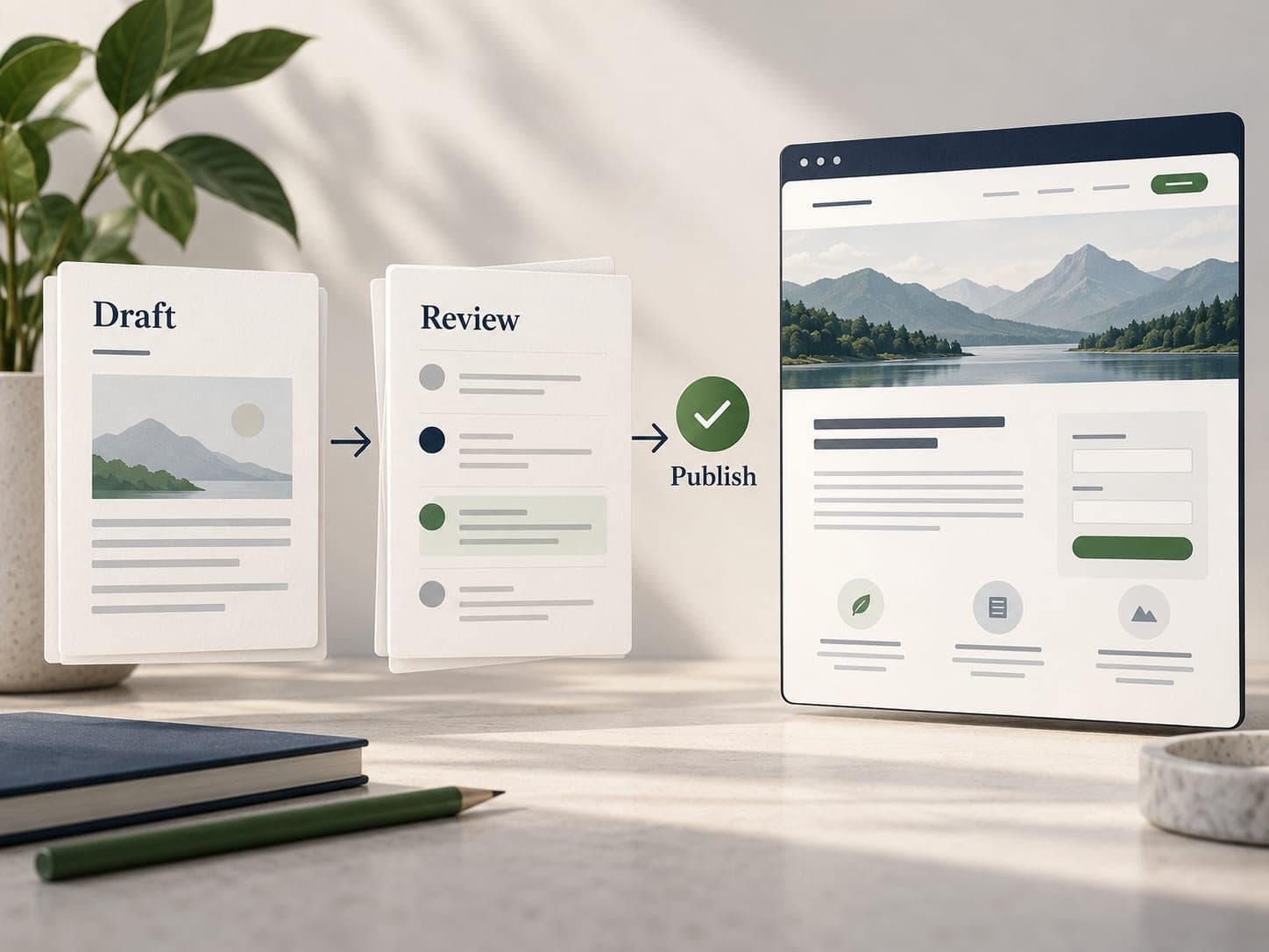 Content publishing illustration showing draft, review and publish stages beside a website preview