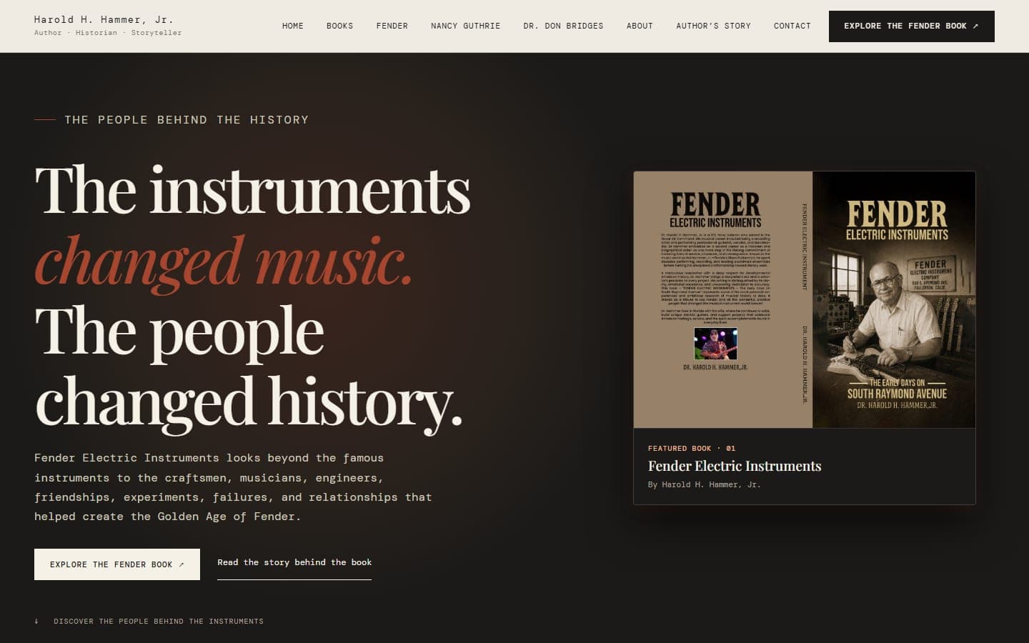Harold H. Hammer Jr. author-promotion landing page with an editorial headline, Fender Electric Instruments book cover and two reading actions