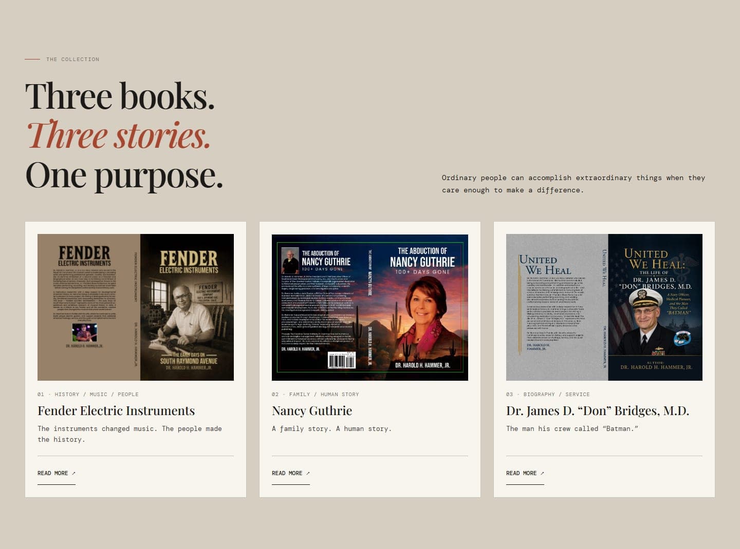 Three-book collection section with Fender Electric Instruments, Nancy Guthrie and Dr. Don Bridges covers and read-more actions