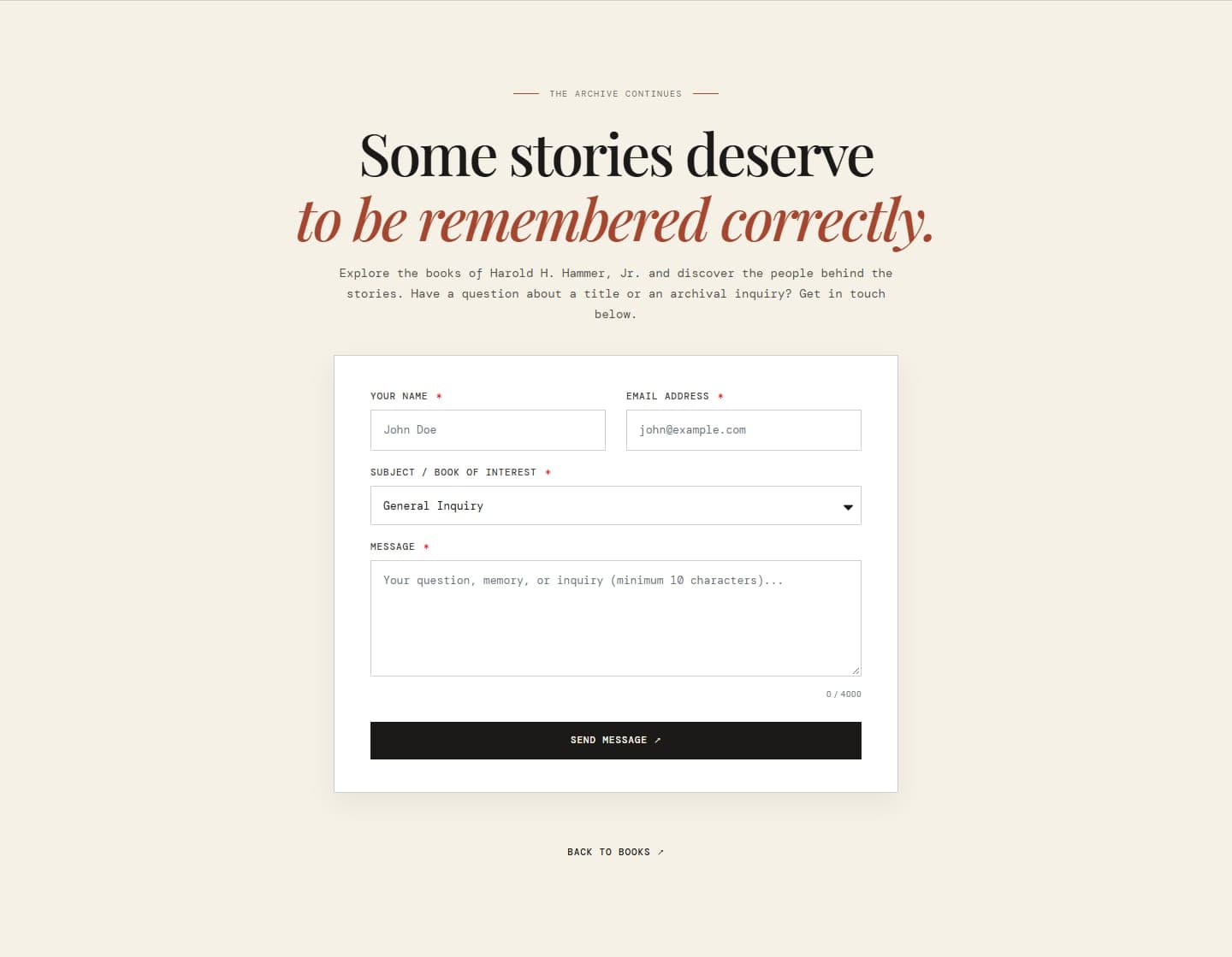 Author-promotion enquiry section with a story-focused headline, name and email fields, book-of-interest selector and message form
