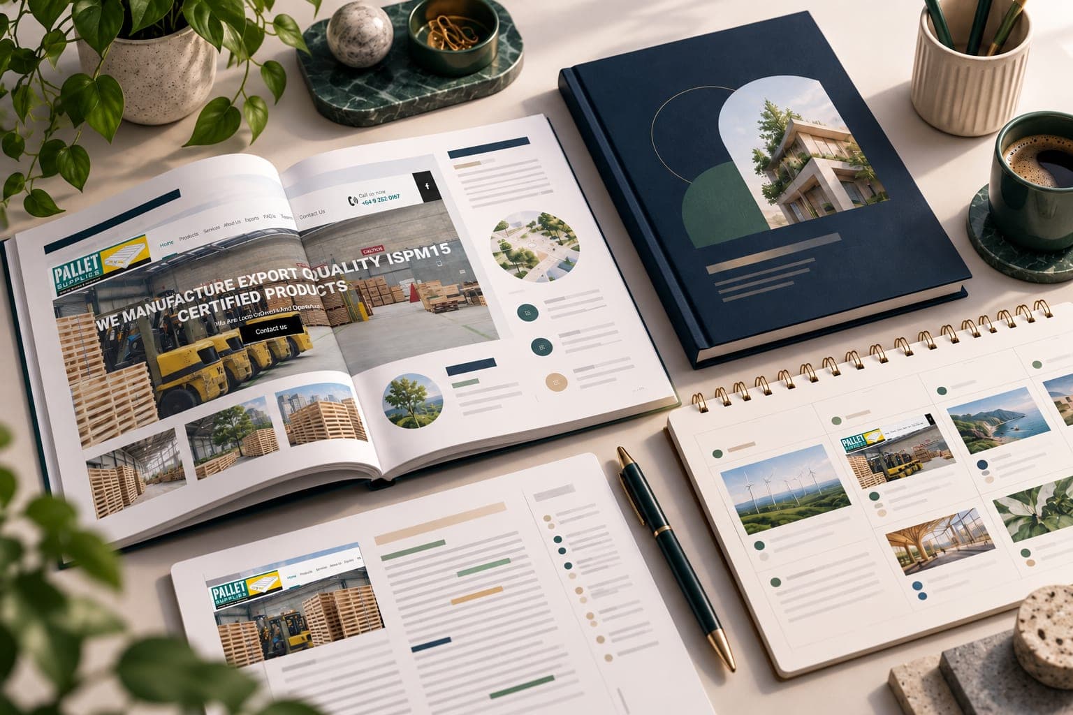 B2B editorial planning illustration with Pallet Supplies website previews inside report and calendar panels.