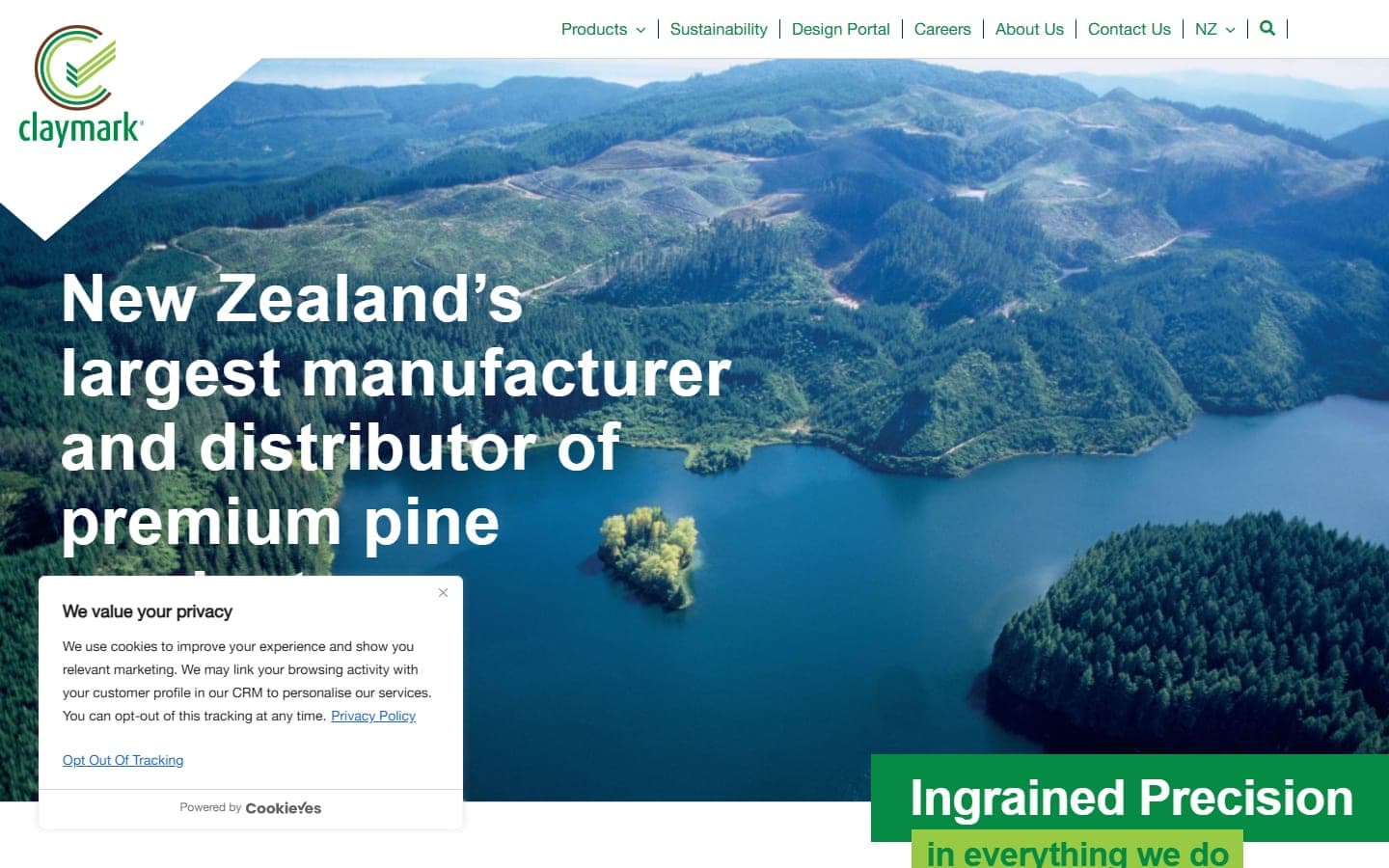 Homepage of the Claymark website, showing the tick-mark logo and Ingrained Precision brand messaging above the five product-brand strip