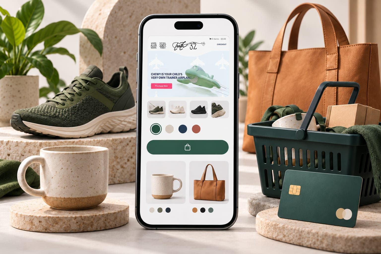 Mobile ecommerce planning illustration with a Teeth 32 website preview inside the phone.