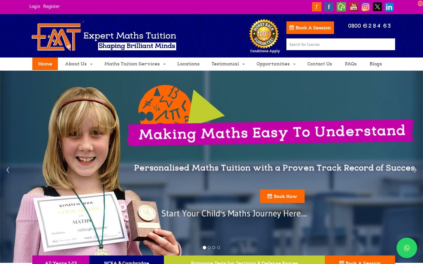 Homepage of the Expert Maths Tuition website, showing the hero image and navigation for primary through NCEA and Cambridge maths tutoring