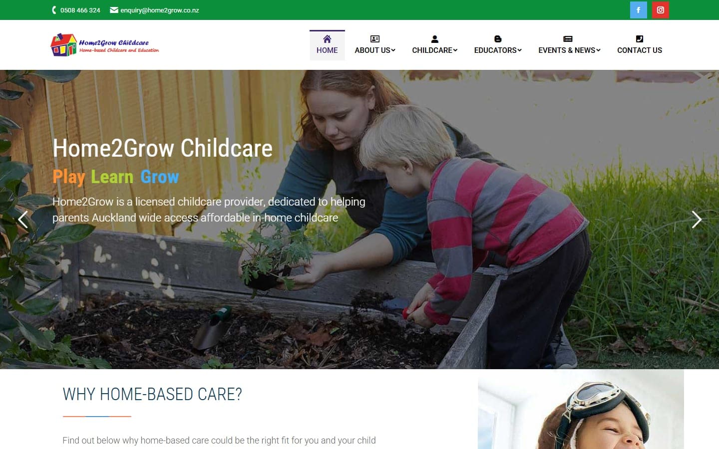 Homepage of the Home2Grow website, showing navigation split between finding an educator and becoming an educator