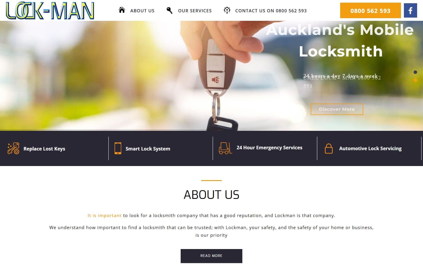 Homepage of the Lockman website, showing the Auckland's Mobile Locksmith hero and the four service icons for keys, smart locks, emergency and automotive