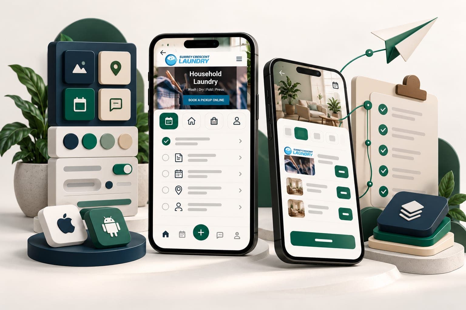 App release planning illustration with Surrey Crescent Laundry website previews inside the phone screens.