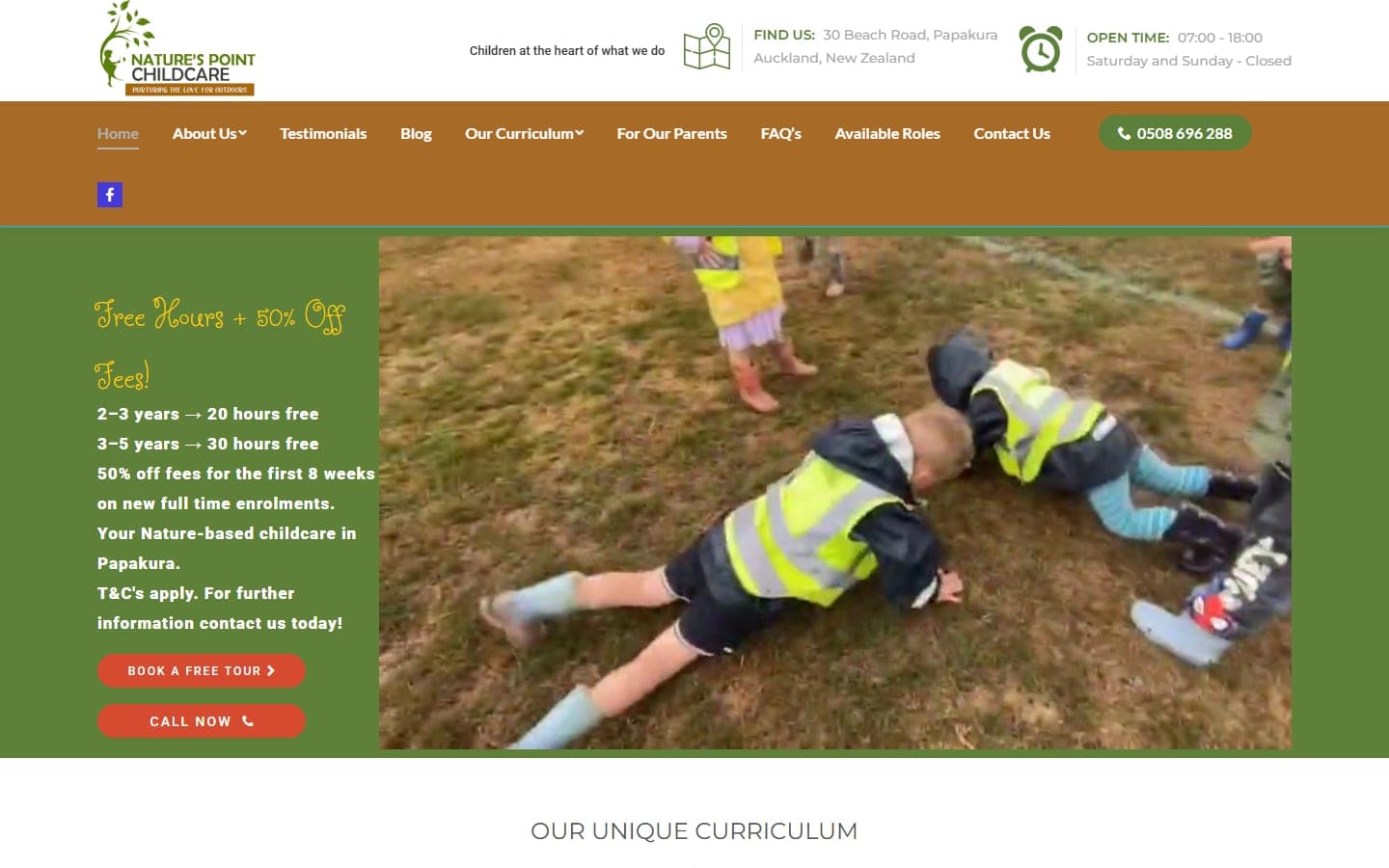 Homepage of the Nature's Point Childcare website, showing the tree logo and nature-based early learning branding