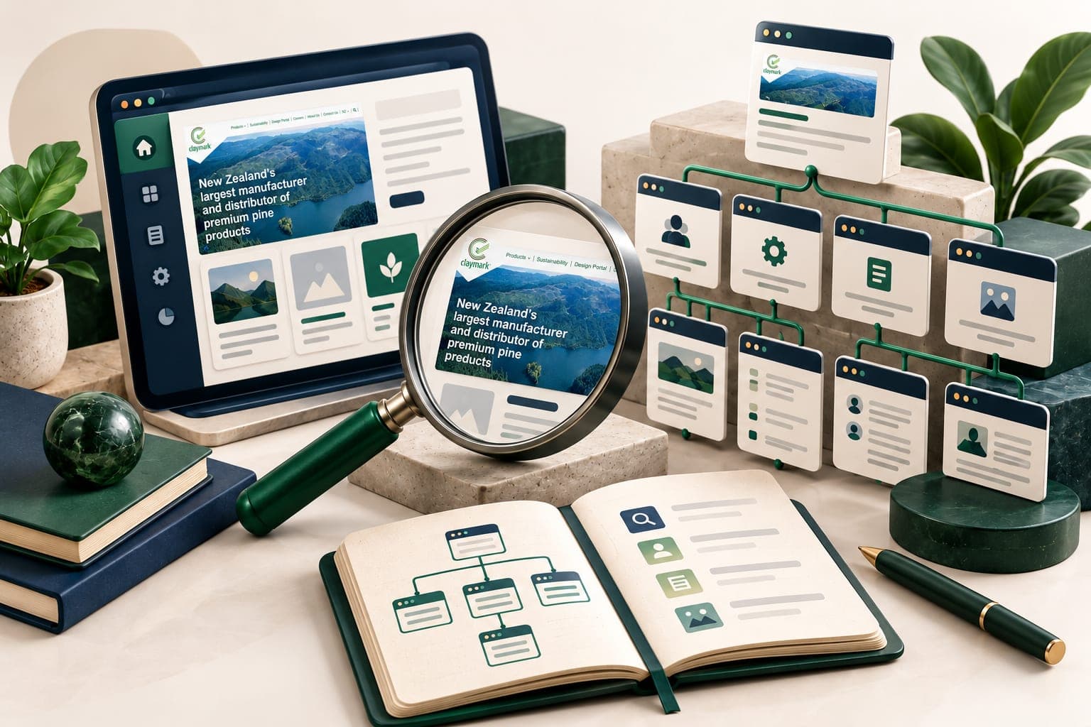 SEO planning illustration with a Claymark website preview inside the tablet and connected page panels.