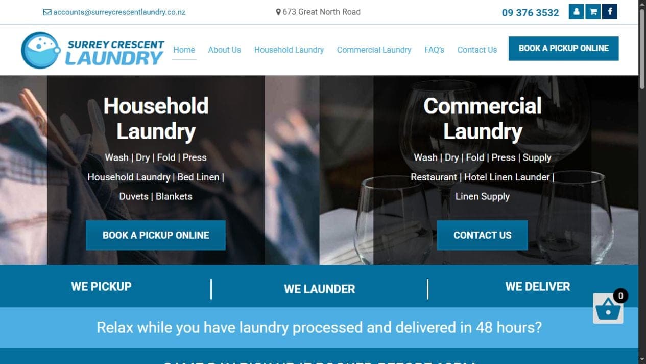 Surrey Crescent Laundry homepage with household and commercial service panels and pickup booking links