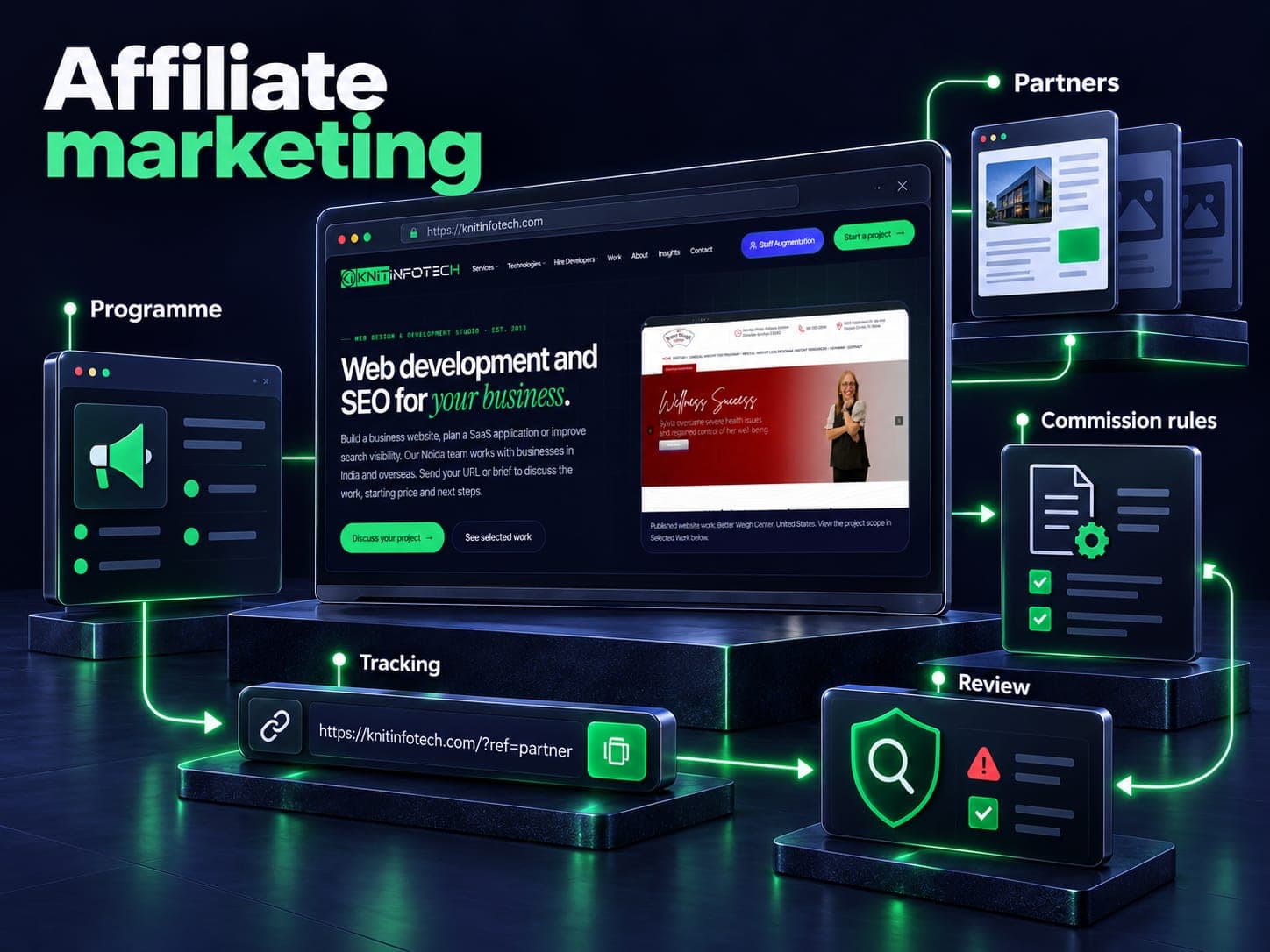 Affiliate marketing illustration showing programme, partners, tracking, commission rules, review with a Knit Infotech website preview