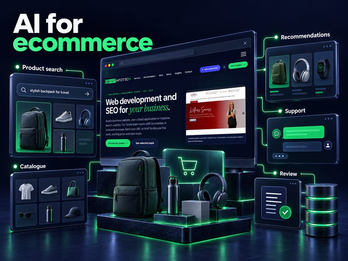 AI for ecommerce illustration showing product search, recommendations, support, catalogue, review with a Knit Infotech website preview