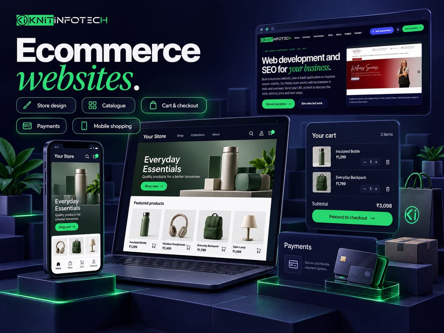 Ecommerce website illustration showing a catalogue, cart, checkout, payments and mobile shopping