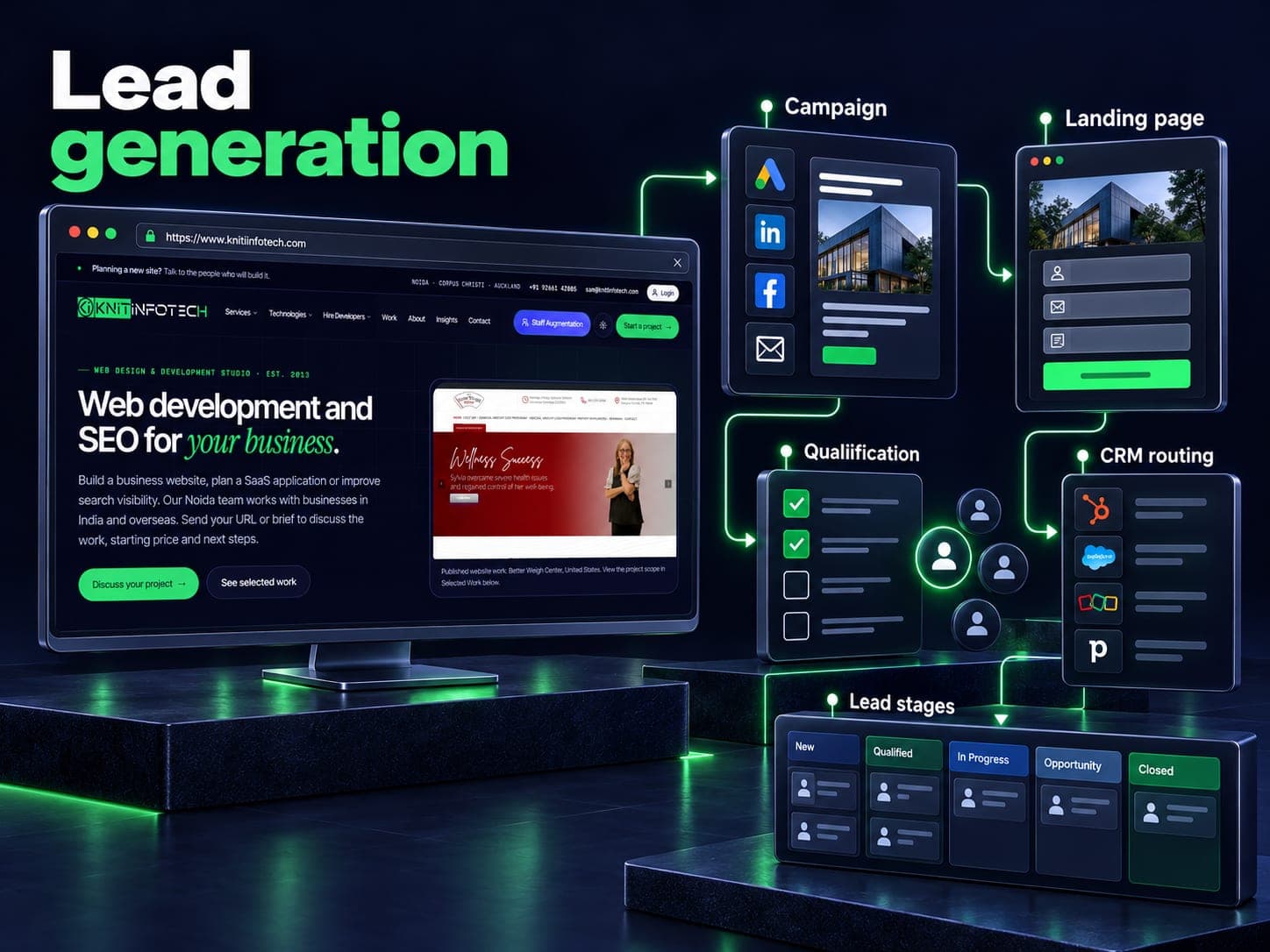 Lead generation illustration showing qualification, campaign, landing page, crm routing, lead stages with a Knit Infotech website preview