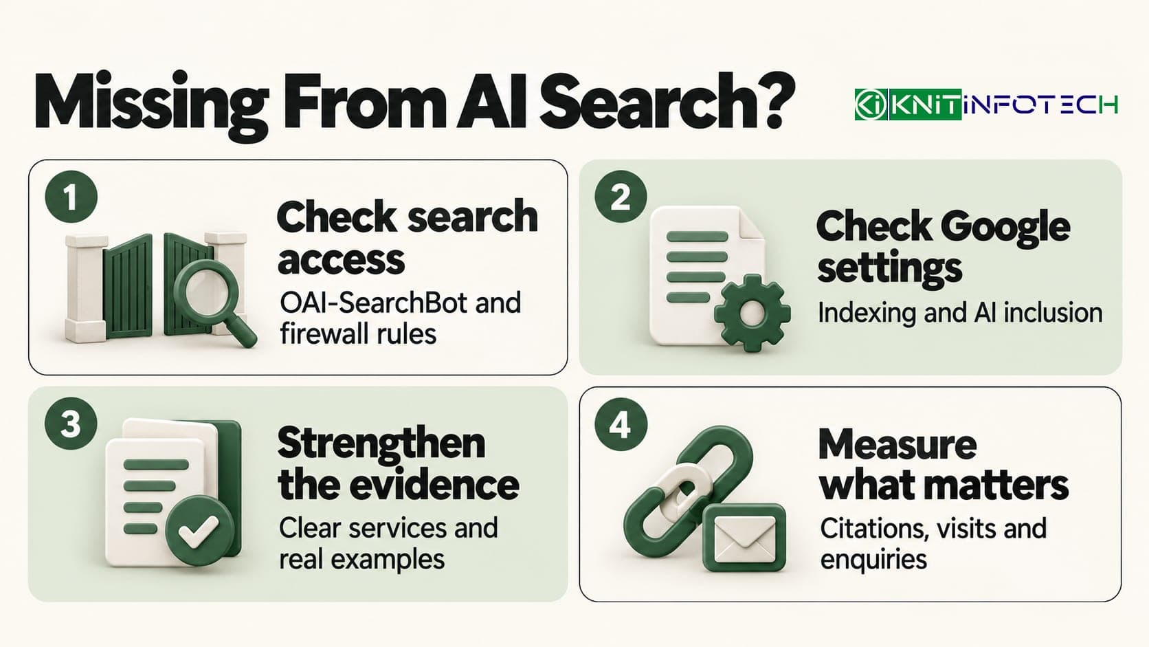 Knit Infotech AI search checklist: check search access, check Google settings, strengthen the evidence, and measure citations, visits and enquiries