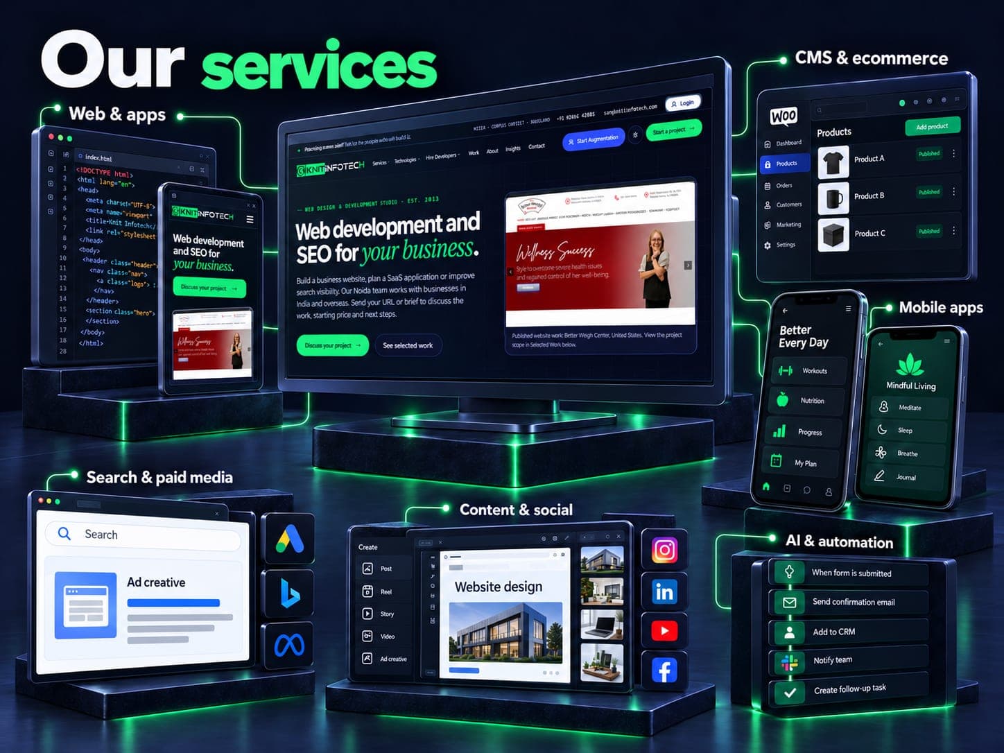 Our services illustration showing web & apps, cms & ecommerce, mobile apps, search & paid media, content & social, ai & automation
