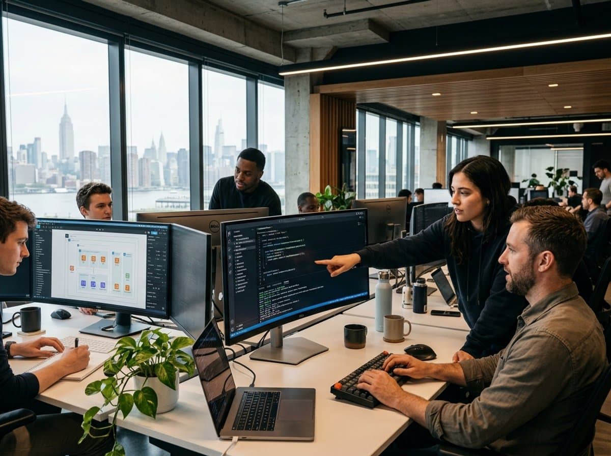Senior software engineering team collaborating at modern workstations for New Jersey technology initiatives