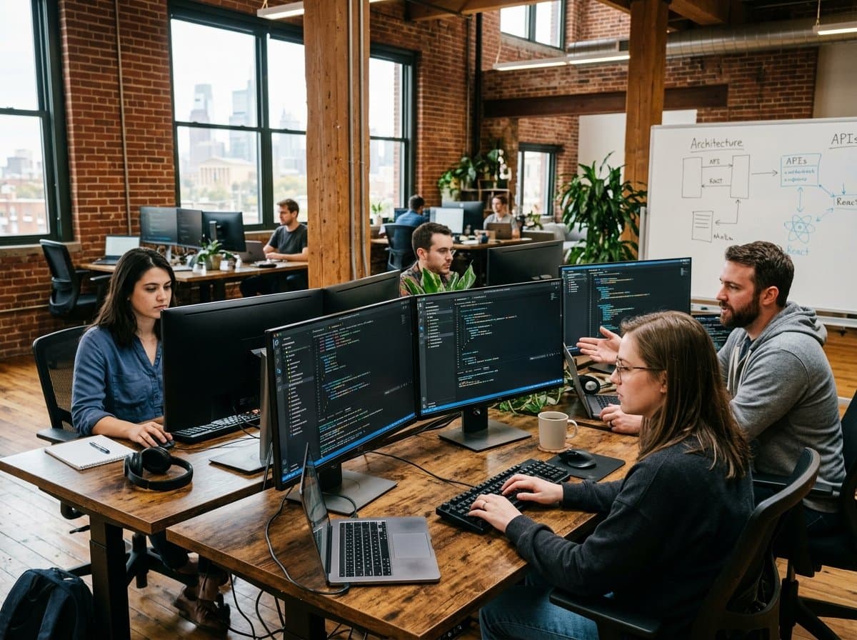 Senior software engineering team collaborating at modern workstations for Pennsylvania technology initiatives