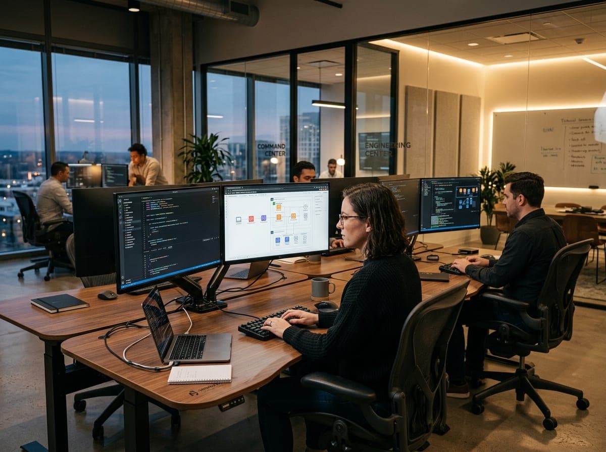 Senior software engineering team collaborating at modern workstations for United States technology initiatives