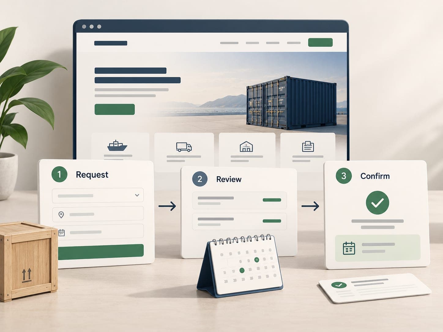 Service website illustration separating a request, staff review and a confirmed booking