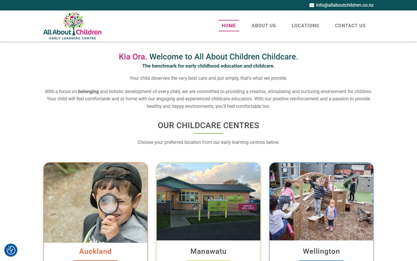 Homepage of the All About Children Childcare website, showing the three-region centre picker for Auckland, Manawatu and Wellington