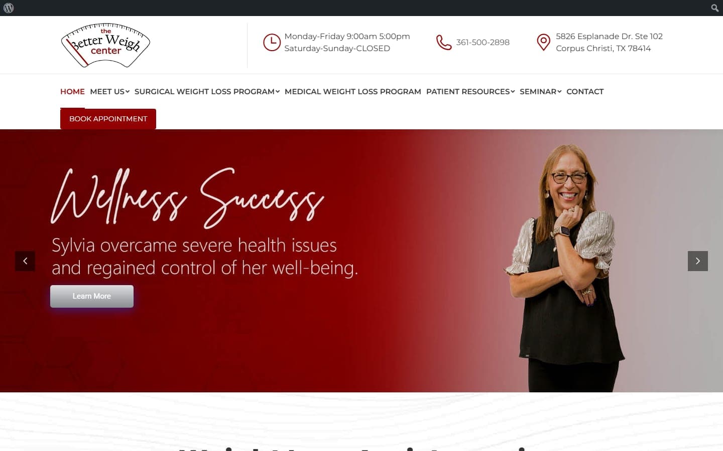 Homepage of the Better Weigh Center website, showing the hero patient story and main navigation for surgical and medical weight loss programs