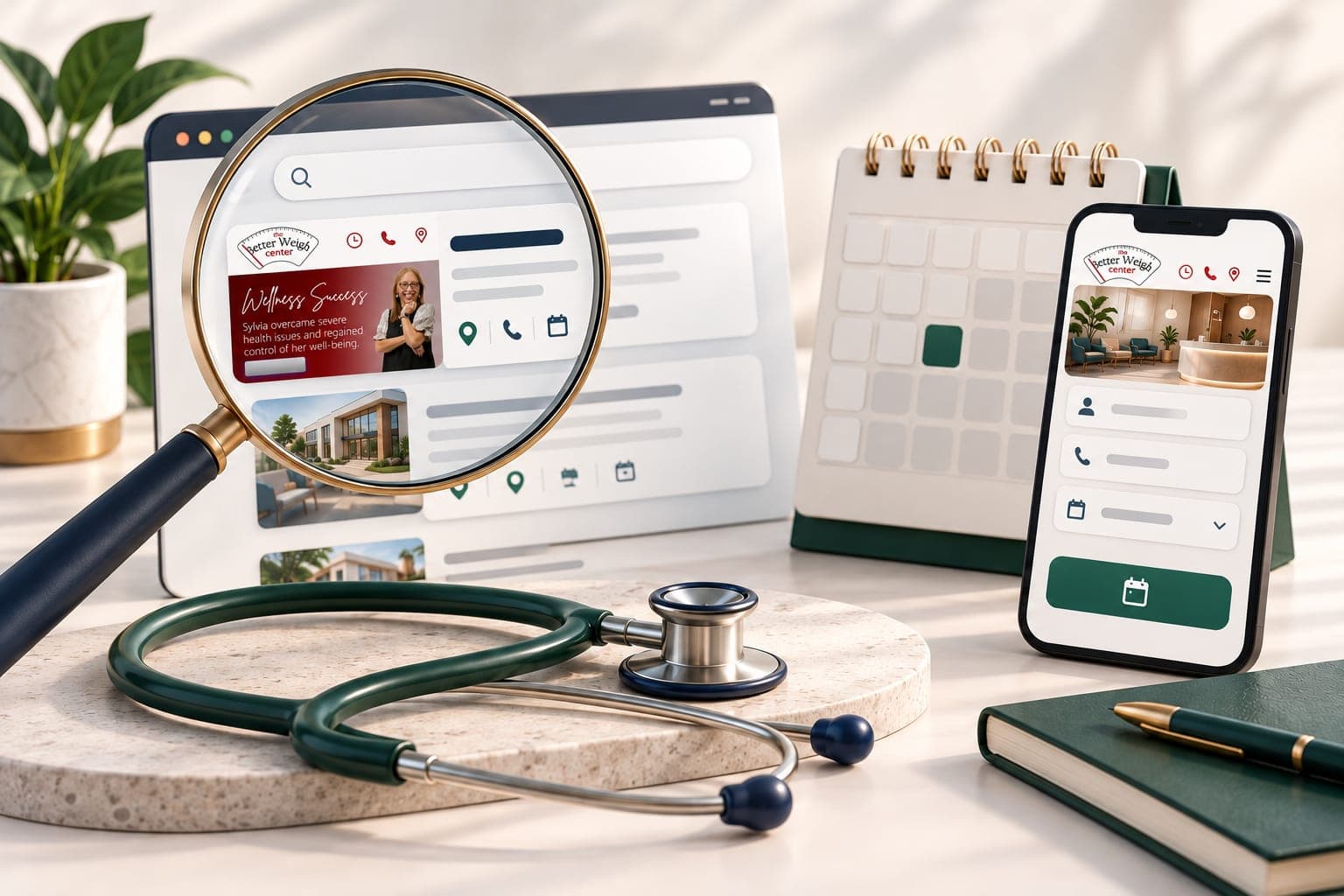 Healthcare search and booking illustration with Better Weigh Center website previews inside the screen panels.