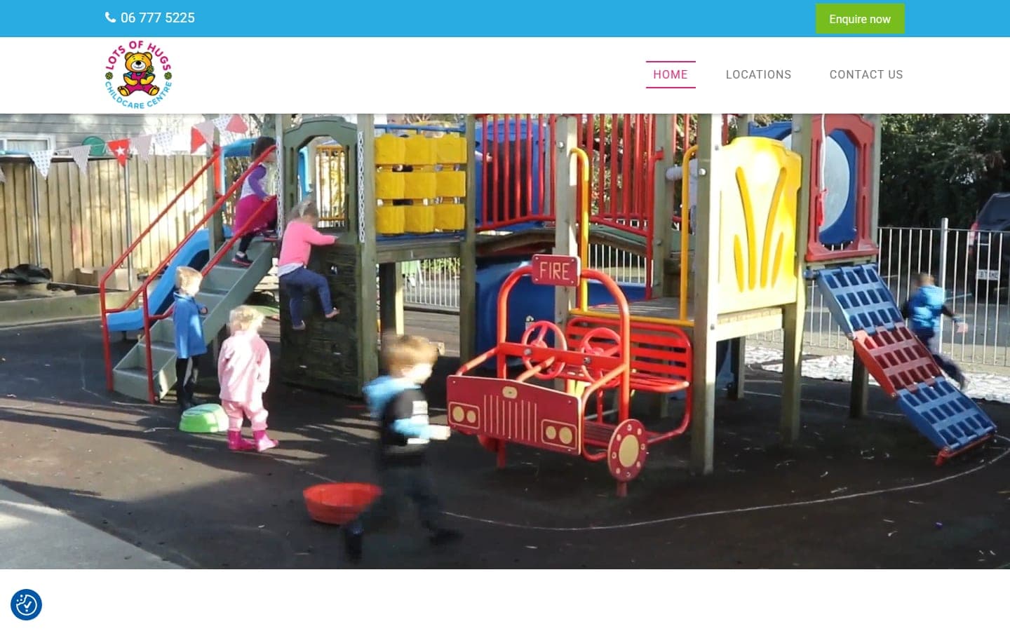 Homepage of the Lots of Hugs Childcare website, showing the main navigation for the four Palmerston North and Feilding centres