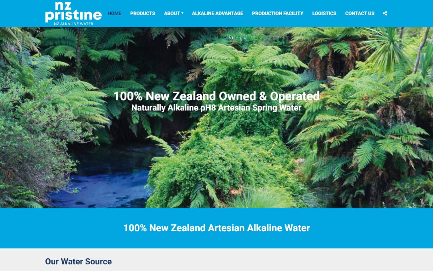 Homepage of the NZ Pristine website, showing the artesian spring source hero image and 100% New Zealand owned and operated messaging