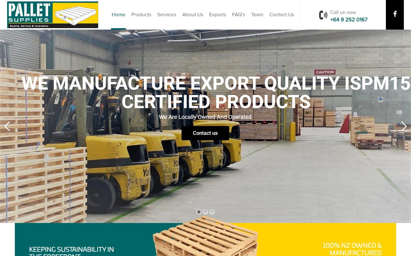 Homepage of the Pallet Supplies website, showing the warehouse hero image and ISPM15 export certification messaging