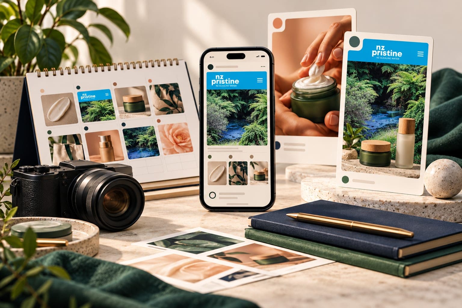 Retail content planning illustration with NZ Pristine website previews inside phone, calendar and story panels.
