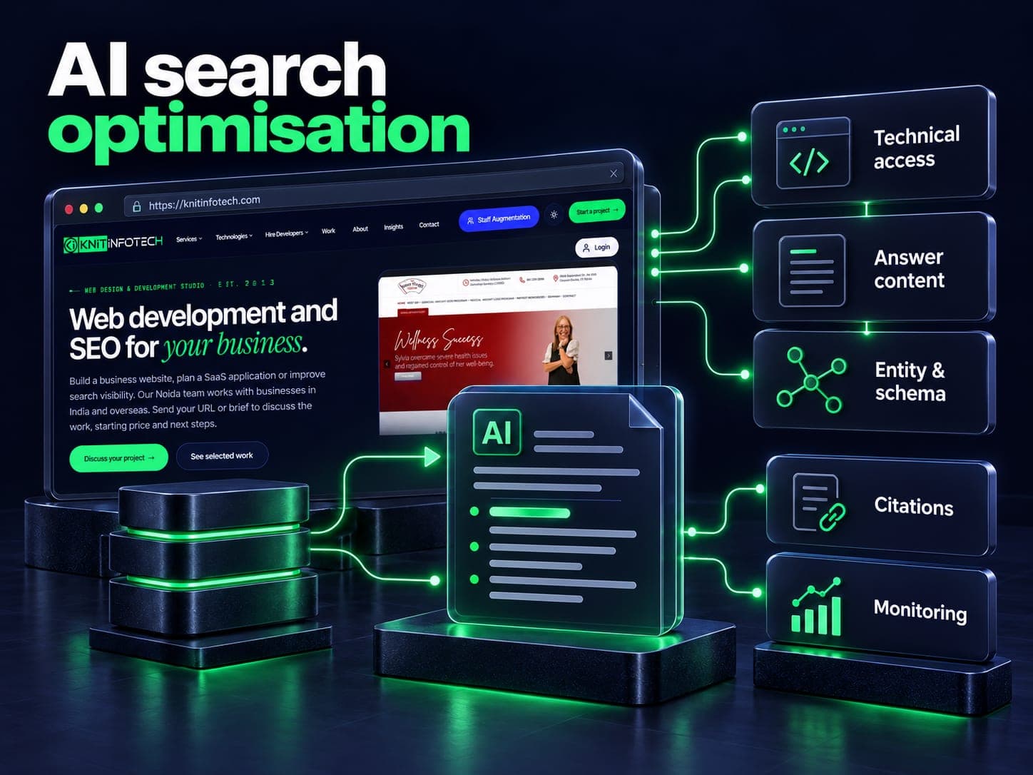AI search optimisation illustration showing technical access, answer content, entity & schema, citations, monitoring with a Knit Infotech website preview